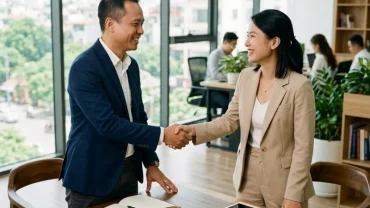 Hai doanh nhân Việt Nam đang bắt tay hợp tác minh họa cho tuổi mùi hợp tuổi gì trong làm ăn