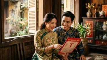 Cặp đôi mặc áo dài truyền thống đang cùng nhau xem lịch để biết tuổi mùi nên cưới vào năm nào cho hợp phong thủy