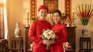 Cặp đôi mặc áo dài đỏ hạnh phúc trong ngày trọng đại sau khi tính toán chính xác tuổi mùi nên cưới vào năm nào