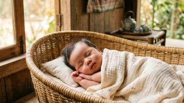 Hình ảnh em bé bụ bẫm ngủ bình yên trong nôi tre truyền thống giúp bố mẹ giải đáp tuổi mùi sinh con tháng nào tốt