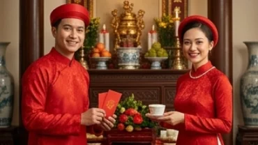 Cô dâu chú rể mặc áo dài truyền thống trong lễ gia tiên ngày cưới đại cát cho tuổi Ngọ