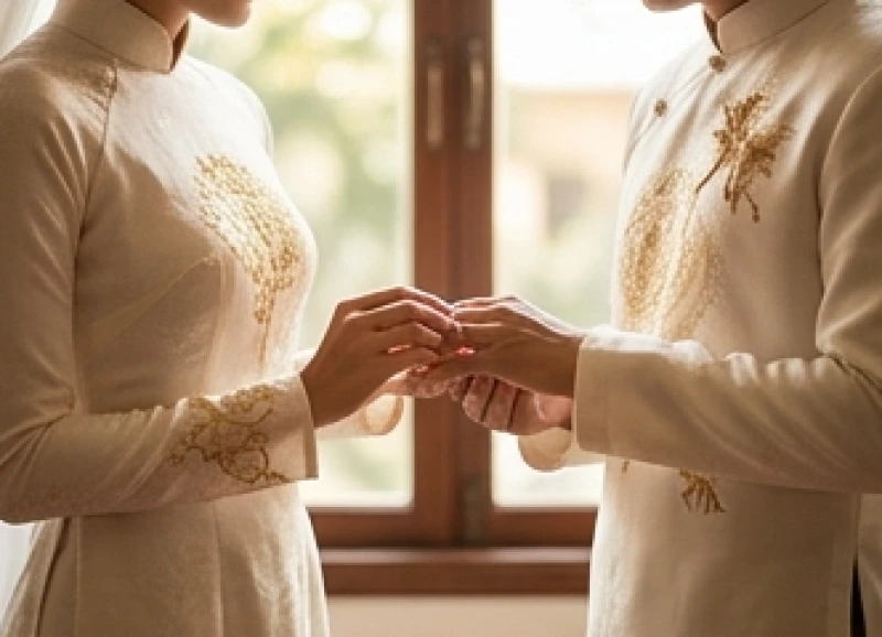 Cô dâu chú rể trao nhẫn cưới rạng rỡ trong ngày lễ trọng đại để khởi đầu cuộc sống hôn nhân