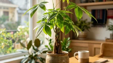 Chậu cây kim ngân phong thủy đặt trên bàn làm việc gỗ giải đáp thắc mắc tuổi ngọ hợp cây gì để thu hút vượng khí