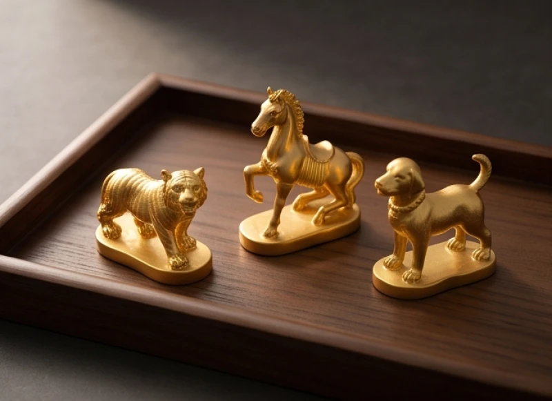 Ba tượng con giáp Dần Ngọ Tuất mạ vàng đặt cạnh nhau trên khay gỗ tượng trưng cho nhóm tam hợp