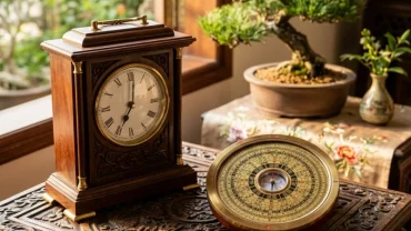Hình ảnh la bàn phong thủy và chiếc đồng hồ gỗ truyền thống hỗ trợ tra cứu tuổi ngọ hợp giờ nào để xuất hành