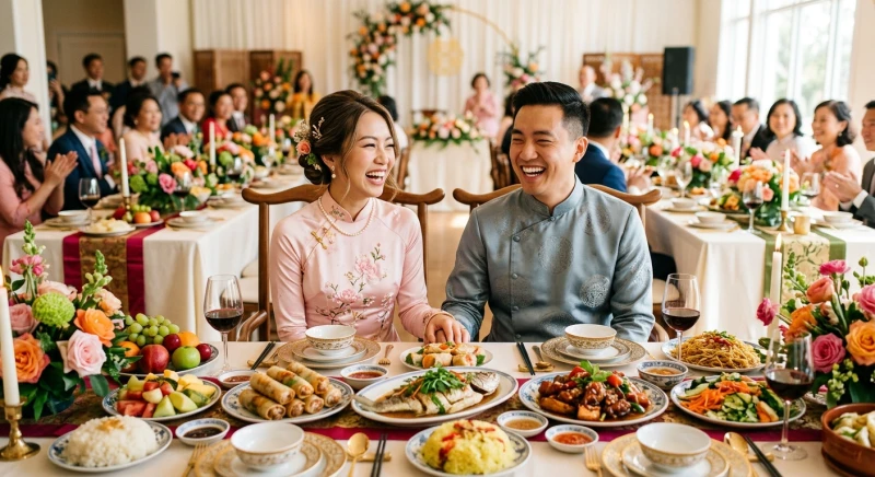 Cặp đôi mỉm cười hạnh phúc bên mâm cỗ cưới truyền thống mang ý nghĩa vượng phu ích tử và sự hòa hợp sâu sắc