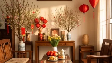 Mâm cỗ ngày xuân và không gian phòng khách trang hoàng rực rỡ để người tuổi ngọ kiêng gì trong ngày Tết đón lộc