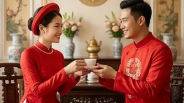 Cô dâu chú rể rạng rỡ trong trang phục áo dài truyền thống để giải đáp tuổi ngọ nên cưới vào năm nào