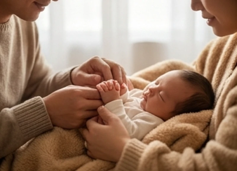 Đôi bàn tay của bố mẹ đang nhẹ nhàng nắm lấy bàn tay nhỏ bé của thiên thần sơ sinh