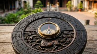 La bàn phong thủy bằng gỗ truyền thống minh họa chi tiết tuổi ngọ xung khắc với tuổi nào trong tử vi
