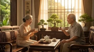 Cụ ông và cụ bà tuổi nhâm ngọ 1942 đang thưởng trà an yên trong không gian phòng khách đậm chất truyền thống