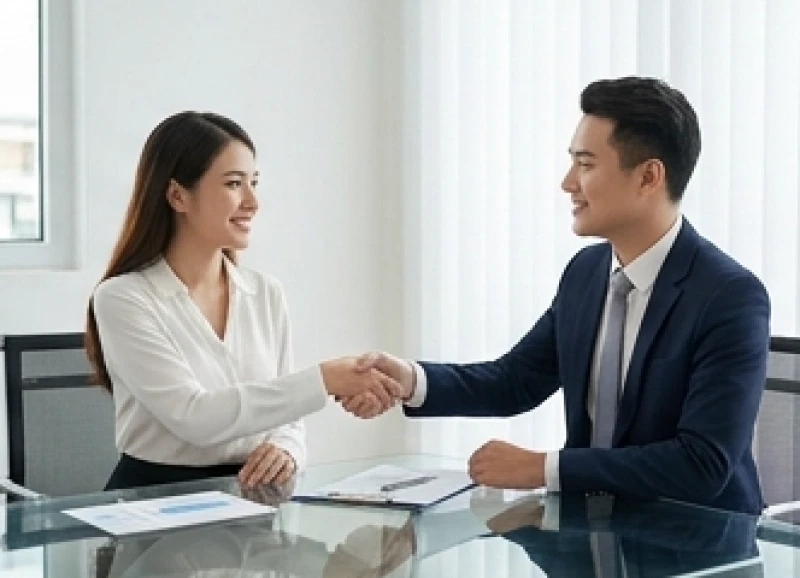 Tuổi Nhâm Ngọ 2002: Tử vi, phong thủy và cách hóa giải xung khắc 6 Hai đối tác kinh doanh nam nữ trẻ đang tươi cười bắt tay ký kết hợp đồng trong một văn phòng làm việc sang trọng