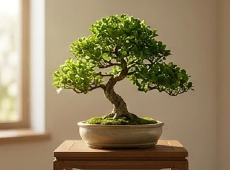 Chậu cây bonsai nhỏ xanh tươi đặt trên bệ gỗ thể hiện sự điềm tĩnh và ôn hòa của mệnh Dương Liễu Mộc