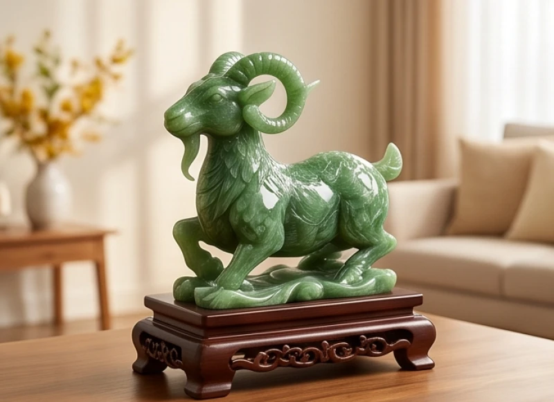Tuổi Thân hợp sinh con tuổi gì: Bảng đối chiếu cho từng vợ chồng 4 Tượng phong thủy hình con dê bằng ngọc bích sang trọng đặt trên kệ gỗ trưng bày