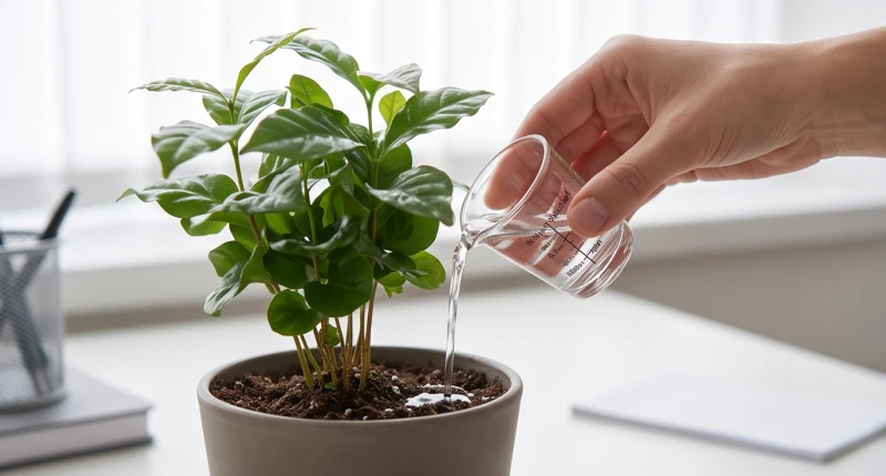 Thao tác đong lượng nước vừa đủ bằng cốc nhỏ để tưới cho cây văn phòng không bị úng rễ