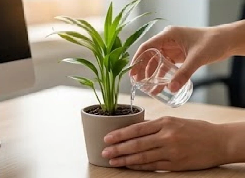 Động tác rót một lượng nước nhỏ vừa đủ từ ly vào sát gốc chậu cây cảnh đặt trong môi trường phòng điều hòa