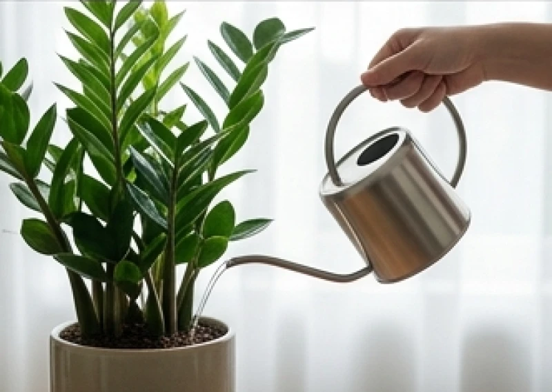 Dùng bình tưới rót một lượng nước vừa đủ vào gốc chậu cây kim tiền để tránh làm rễ bị ngập úng