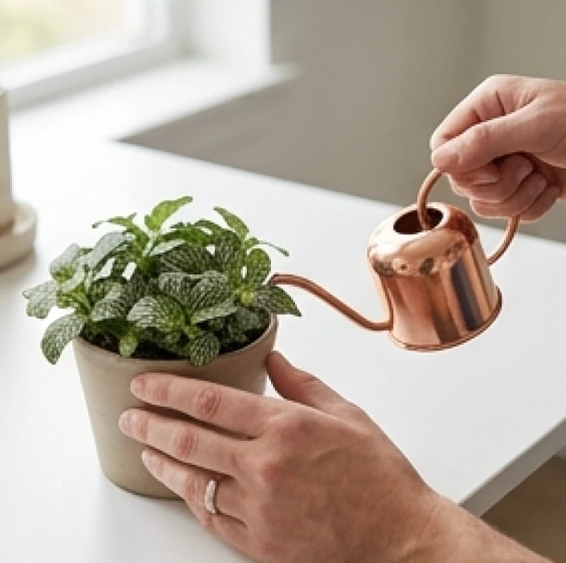 Cây để bàn hợp tuổi Mão: Chọn cây mini chuẩn mệnh và góc đặt 10 Một bàn tay đang chạm nhẹ vào lớp đất trên bề mặt chậu cây mini để kiểm tra độ ẩm trước khi tưới.