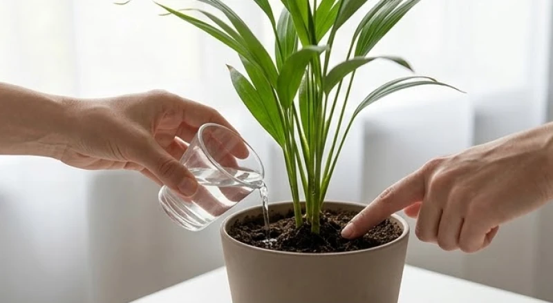 Người trồng dùng cốc nhỏ đo lường cẩn thận lượng nước tưới quanh gốc cây phong thủy để tránh tình trạng ngập úng