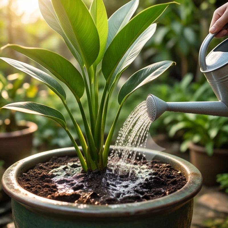 Dòng nước mát lành đang được tưới đẫm vào gốc chậu cây cảnh cỡ lớn vào lúc bình minh