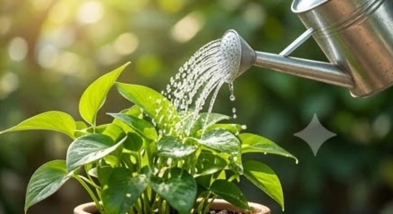 Dòng nước mát lành đang được tưới nhẹ nhàng lên những chiếc lá xanh của một chậu cây cảnh