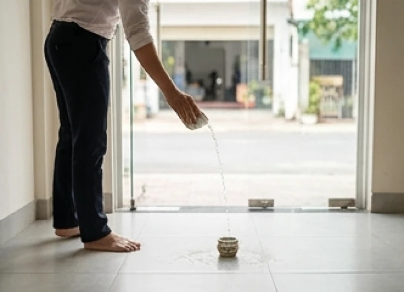 Văn khấn cầu tài lộc tại cửa hàng: Trình tự cúng và mâm lễ chuẩn 8 Hành động rảy nhẹ nước cúng từ ngoài cửa vào bên trong nhà để giữ lại tài lộc sau khi hoàn tất nghi thức hạ lễ