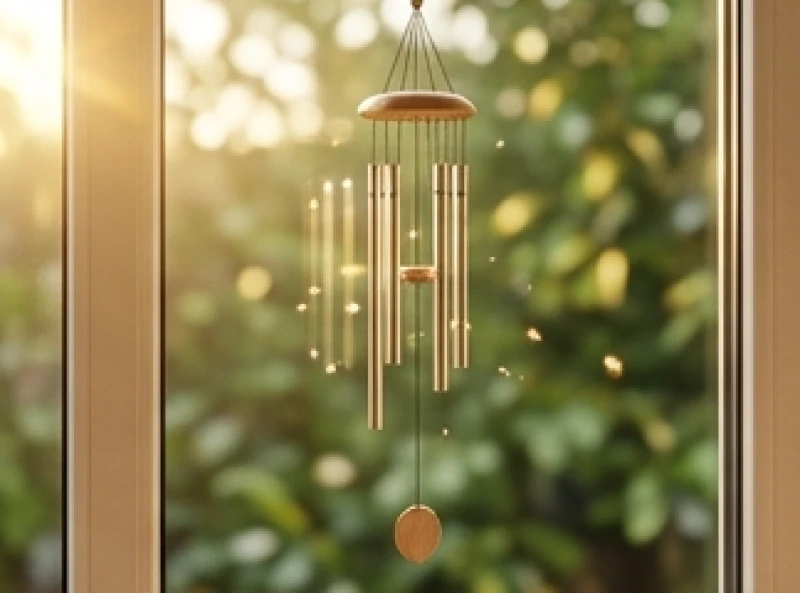 Chuông gió kim loại lấp lánh phản chiếu ánh sáng tượng trưng cho mệnh Kiếm Phong Kim