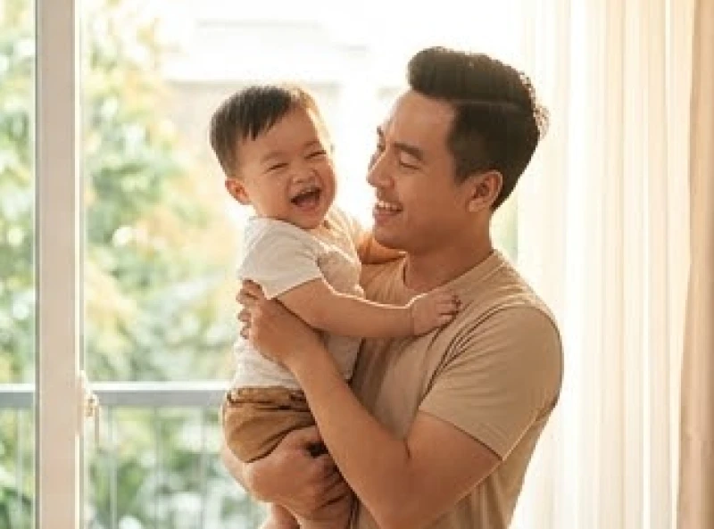 Người cha tự hào ôm đứa con nhỏ khỏe mạnh vào lòng với nụ cười mãn nguyện