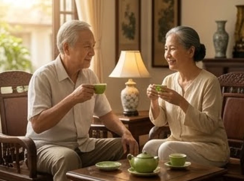 Người lớn tuổi Quý Mão 1963 uống trà thư giãn trong không gian yên tĩnh