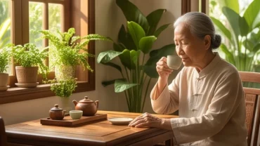 Người già mang tuổi Quý Mùi 1943 thư thái uống trà trong không gian sống an yên mang đậm phong cách truyền thống