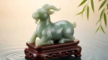 Tượng con dê phong thủy bằng ngọc bích đặt trên đế gỗ tượng trưng cho bản mệnh người tuổi quý mùi 2003