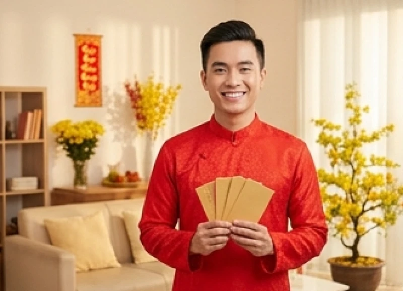 Nam thanh niên tuổi Quý Mùi mặc áo dài đỏ cầm phong bao lì xì xông đất năm mới