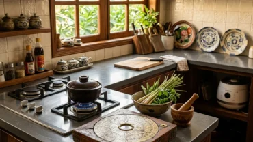 Không gian bếp ấm cúng kiểu Việt Nam với la bàn phong thủy giúp gia chủ xác định tuổi sửu đặt bếp hướng nào đón tài lộc