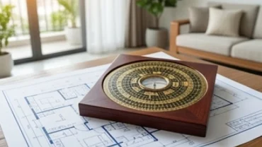 La bàn phong thủy Bát Trạch đặt trên bản vẽ thiết kế kiến trúc giúp xác định tuổi sửu hợp hướng nào tốt nhất