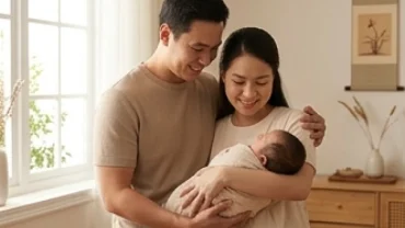 Gia đình hạnh phúc bế em bé mới sinh khi tìm hiểu tuổi sửu hợp sinh con tuổi gì để đón vượng khí