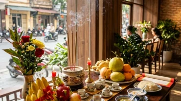 Bàn cúng ngũ quả được chuẩn bị chu đáo để ứng dụng tuổi Sửu khai trương ngày nào tốt đầu năm mới