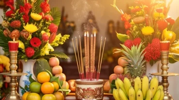Bàn thờ cúng với lễ vật tươm tất để xem tuổi sửu khai trương ngày nào tốt nhất
