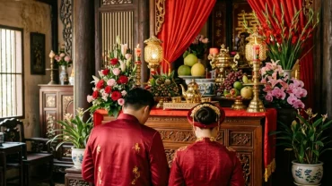 Cặp đôi mặc áo dài đỏ truyền thống Việt Nam rạng rỡ trong lễ gia tiên giúp giải đáp tuổi sửu nên cưới vào năm nào