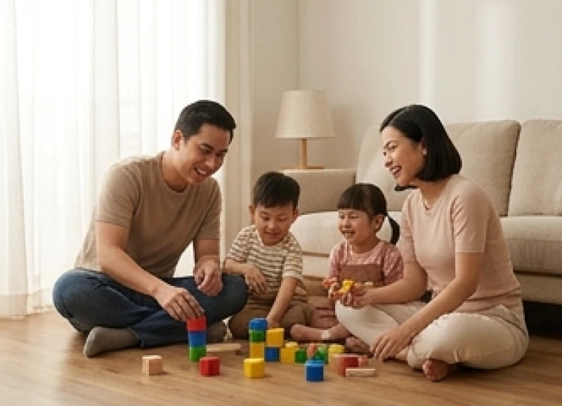 Tuổi Sửu hợp sinh con tuổi gì: Ma trận phối tuổi & hóa giải 1 Cha mẹ tuổi Sửu mỉm cười hạnh phúc bên con cái trong không gian sống gia đình đầm ấm