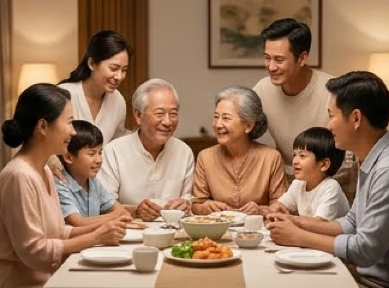 Gia đình ba thế hệ quây quần vui vẻ bên người lớn tuổi sinh năm 1952