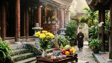 Khung cảnh thanh tịnh tại đền chùa linh thiêng cho người muốn biết tuổi thân cầu tài lộc ở đâu dịp đầu năm
