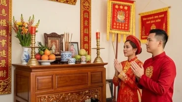 Cặp đôi mặc áo dài cưới truyền thống màu đỏ trong lễ gia tiên tượng trưng cho tuổi thân cưới ngày nào tốt