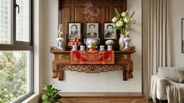 Không gian phòng thờ truyền thống minh họa chi tiết tuổi thân đặt bàn thờ hướng nào chuẩn phong thủy