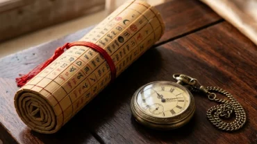 Hình ảnh đồng hồ quả quýt và cuốn lịch vạn niên Việt Nam minh họa cho việc tra cứu tuổi thân hợp giờ nào