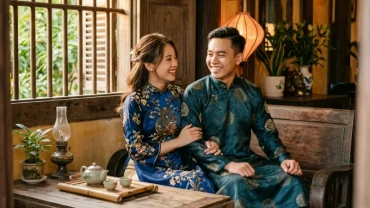 Cặp đôi mặc áo dài truyền thống hạnh phúc viên mãn tượng trưng cho tuổi thân hợp tuổi gì trong tình yêu và hôn nhân