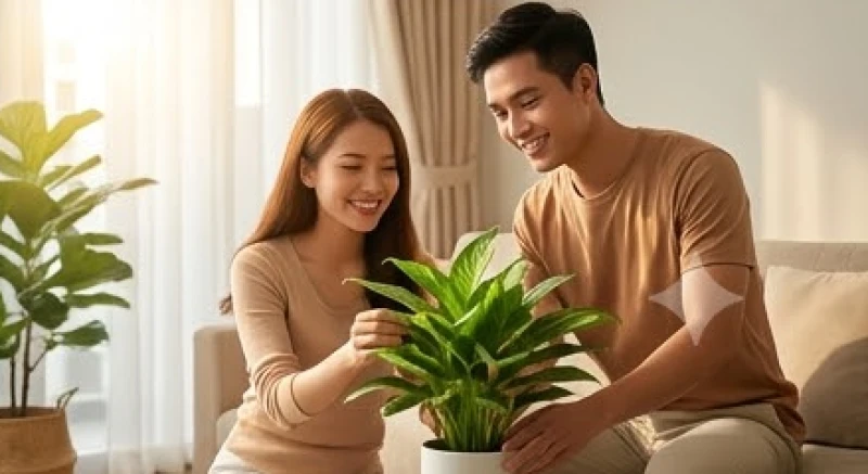 Cặp đôi đang vui vẻ sắp xếp không gian sống mang lại sự ấm áp và hòa hợp gia đạo