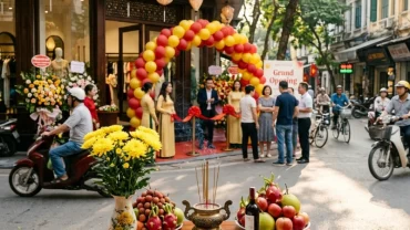 Mâm cúng thần tài đầy đủ lễ vật giúp gia chủ tìm hiểu tuổi thân khai trương ngày nào tốt để bắt đầu kinh doanh