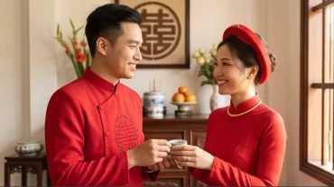 Cô dâu chú rể mặc áo dài cưới truyền thống trong lễ gia tiên, giúp giải đáp tuổi thân nên cưới vào năm nào