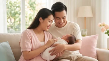 Bố mẹ tuổi Thân hạnh phúc bế em bé sơ sinh, tượng trưng cho việc chọn tuổi thân sinh con năm nào tốt