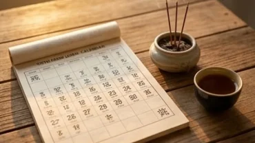 Lốc lịch vạn niên truyền thống Việt Nam bên cạnh nén nhang trầm thể hiện chu kỳ tuổi thân tam tai năm nào